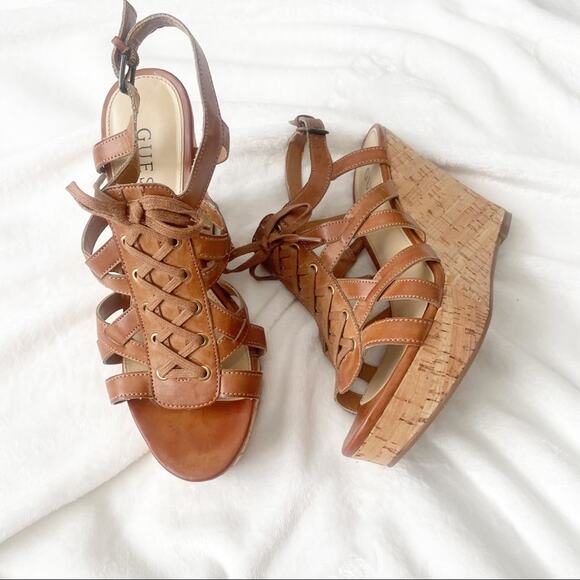 Guess Rebecca cage wedge sandals brown tan cork size 7 - Picture 1 of 8